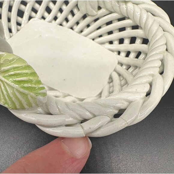 Vintage Basket Trinket Dish Cabo Spain SL Reticulated White Pink Flowers Repair - Picture 7 of 10